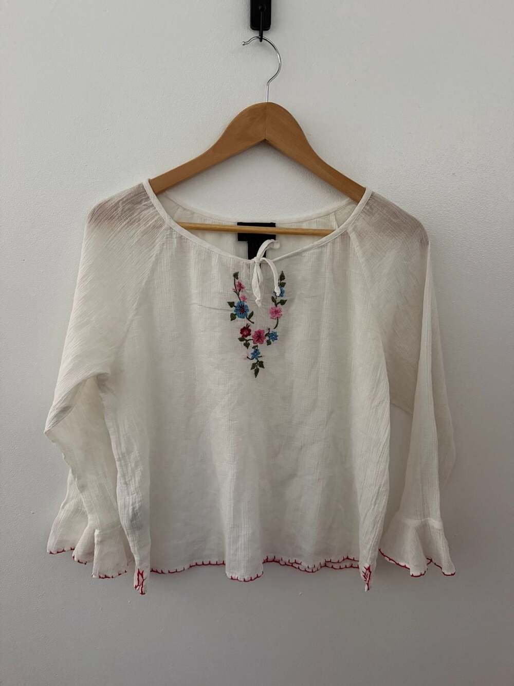 Ralph Lauren Women's White Gauzy Cotton Embroidered Peasant Blouse Top Size L